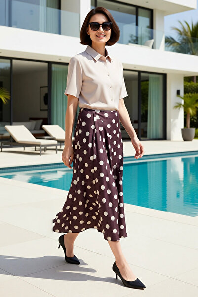 BENERLY Women's Maxi Skirt High Waist A-Line Polka Dot Satin Knitted Fabric C...