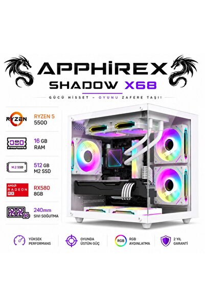Apphirex SHADOW X68 Ryzen 5 5500 16GB RAM 512GB M2 SSD RX580 8GB Sıvı Soğutma...