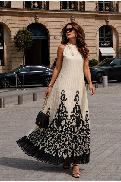 AsprinFashion فستان شيفون مطبوع بياقة هالتر وطيات