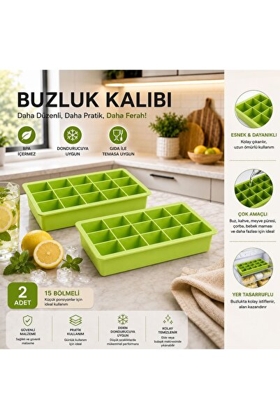 MİORA HOME 2 ADET 15 BÖLMELİ YEŞİL SİLİKON BUZ KALIBI