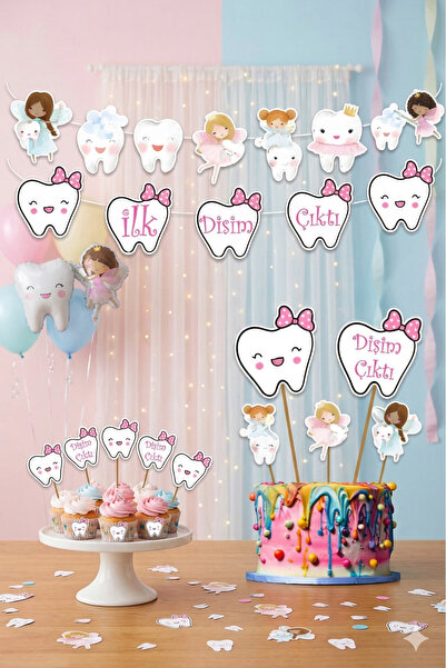 Genel Markalar 32 parca Kız Diş Buğday Seti Banner Pasta Kürdanı Cupcake Süsü...