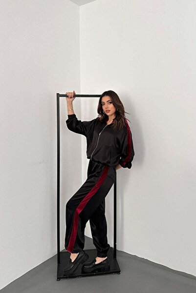 Caddebostan Moda Velvet Stripe Detailed Zippered Satin Tracksuit Set
