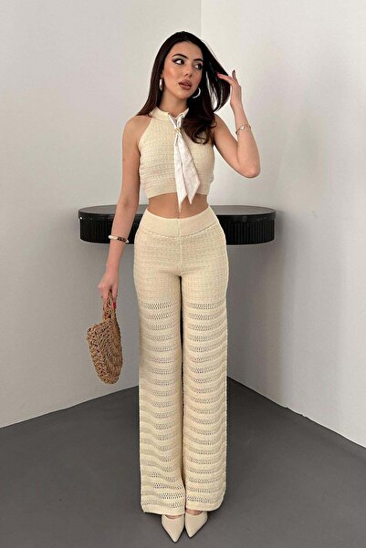 Caddebostan Moda Shawl Detailed Crop Top and Pants Two-Piece Knitwear Set