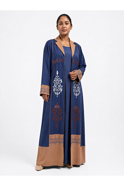 AMEERA LINEN ABAYA IN NAVY BLUE WITH EMBROIDERY