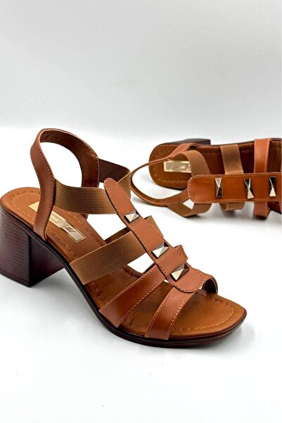 DefHeel'e Elastic Metal Buckle Detailed Heeled Shoes Women's Sandals Brown