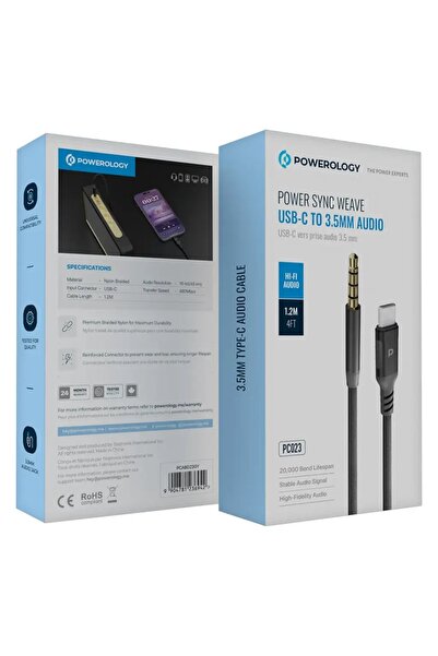 Powerology Power Sync Weave USB-C To 3.5mm Audio 1.2 M Cable Gray