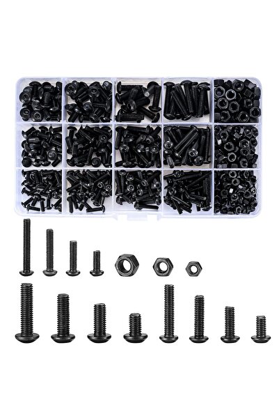 OEM 500 buc. Set asortat de șuruburi și piulițe, cu cap hexagonal negru, PTFE...