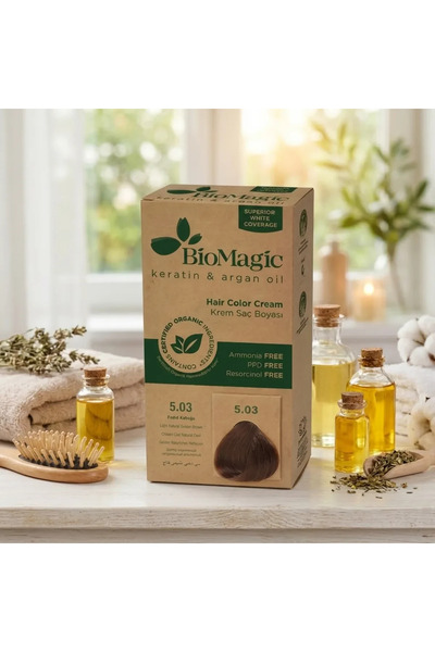 BIOMAGIC Vopsea de păr fără amoniac maro deschis auriu 5.03 cu keratină și ul...