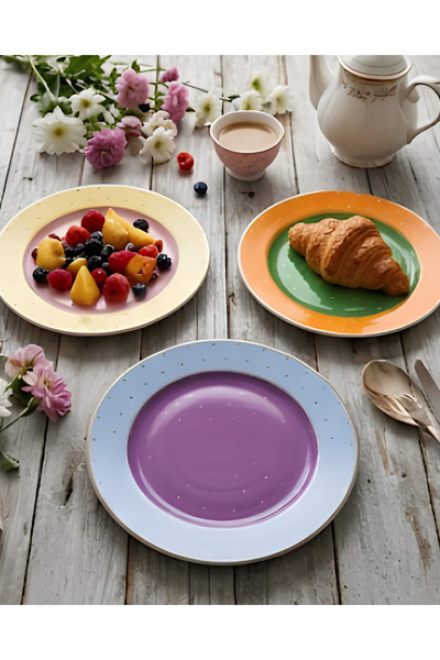 Moon Dizayn Modern Renkli Puantiyeli 6lı Porselen Pasta Tabağı