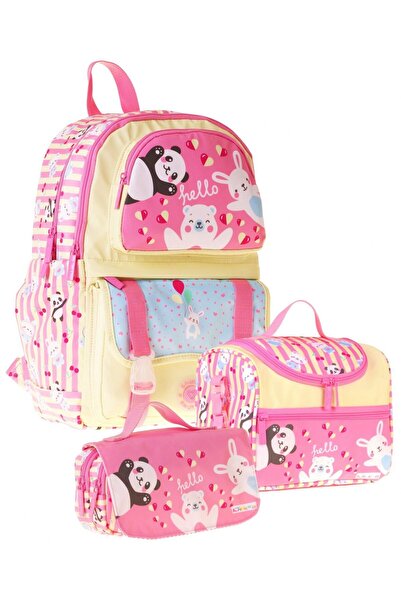 KAUKKO Kids Hello(Sarı - Pembe Renk) Kız Çocuk Üçlü İlkokul Okul Çantası Seti...