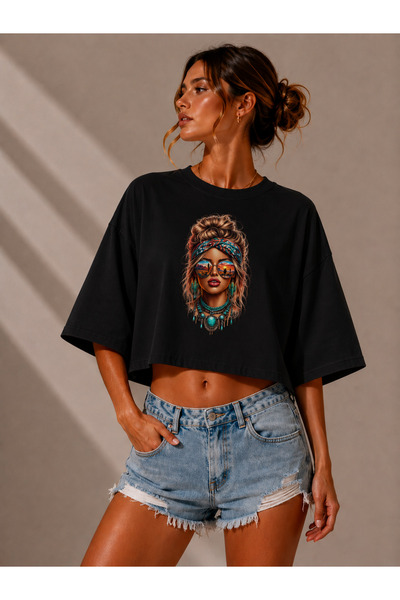NUATEX Bohemian Women's Printed Black Oversize Crop T-Shirt with Sunglasses