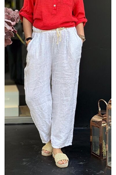 MADE İN ITALY Italian Rope Belted Raw Linen Carrot Leg Women's Trousers