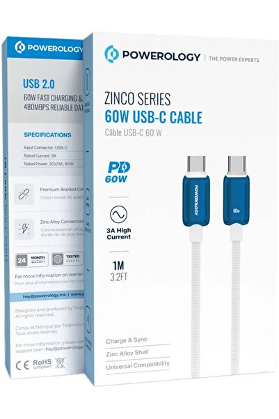 Powerology كابل USB-C من سلسلة زينكو بقوة 60 واط باللون الأبيض والأزرق