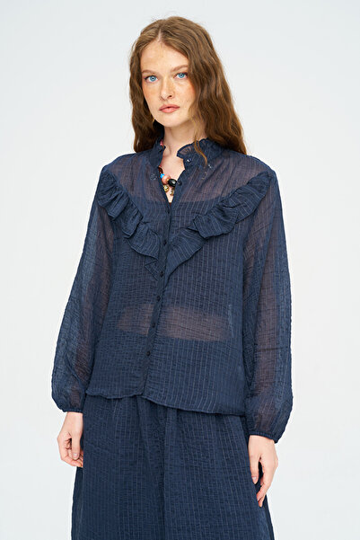 Orfeo Negro Women's Stand-Up Collar Ruffled Striped Shirt