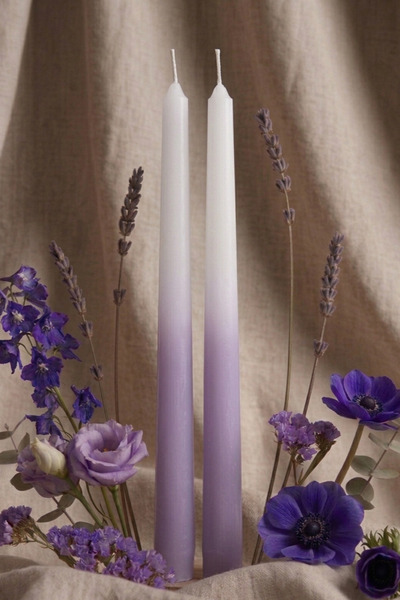 2’li Degradeli Şamdan Mumu Seti - 25 cm - Beyaz Mor Renk Geçişli Modern Dekoratif Mum