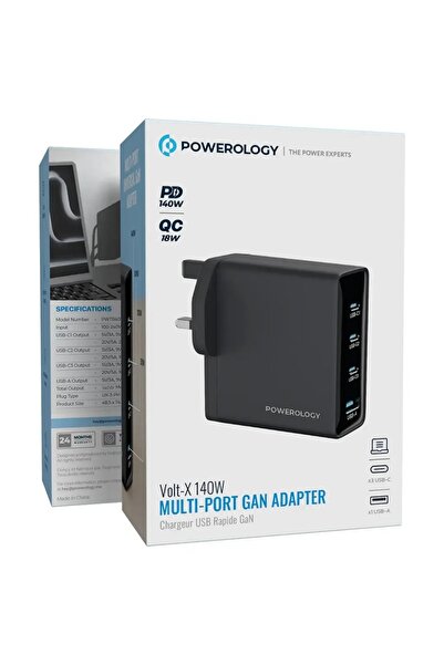 Powerology محول فولت-إكس 140 واط متعدد المنافذ بتقنية GaN باللون الأسود