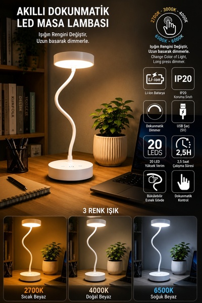 Aryes LED Masa Lambası Dokunmatik Kontrol 3 Renk Modu Dimmerli USB Şarjlı