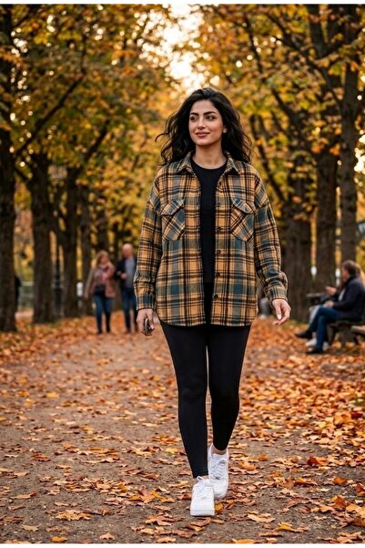 Polologin Butik Ženska jakna košulja u šarenom kariranim uzorku u senf i kaki...