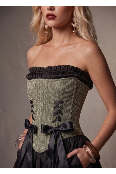 SARA Clothessy Tasarım siyah ışıltılı simli victorian korse