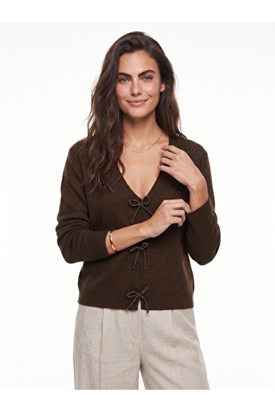 ONLOOX Bitter Brown Knitwear Fabric V-Neck Knitted Cardigan with Pearl and Bo...