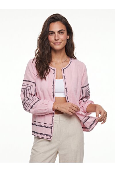 ONLOOX Powder Pink Cotton Muslin Fabric Long Sleeve Summer Jacket with Embroi...