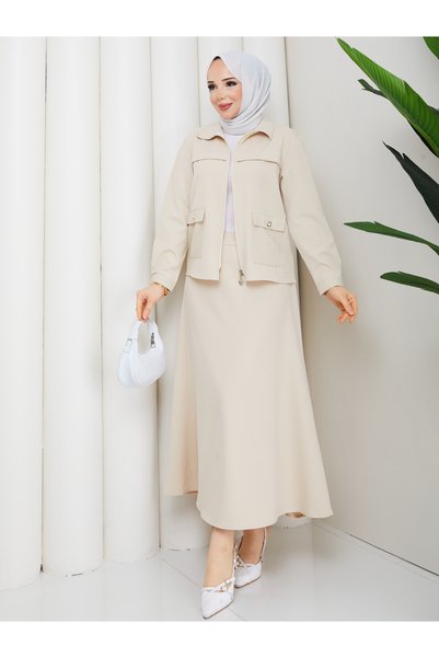MİHRİZAR Women's Pocket Detailed Zippered Jacket and Skirt Islamic Clothing Two-Piece Set