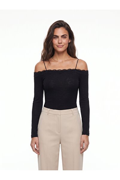 ONLOOX Black Stretchy Textured Madonna Collar Body-Fitting Blouse with Thin S...