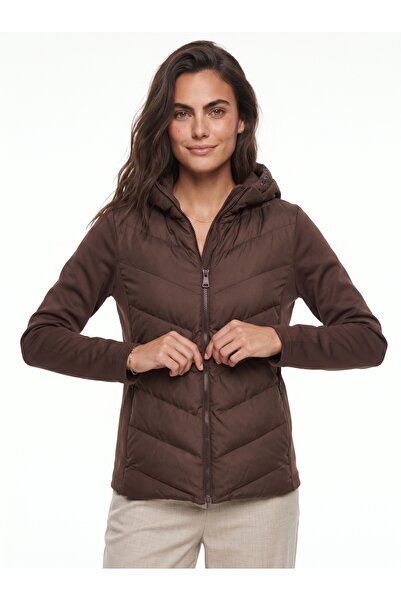 ONLOOX Bitter Brown Polyester Fabric Hooded Slim Fit Zippered Garnished Puffe...