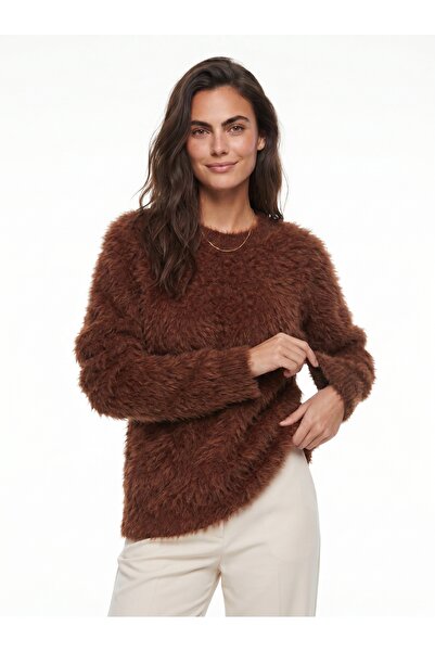 ONLOOX Brown Acrylic Soft Textured Crew Neck Oversize Fuzzy Knit Sweater