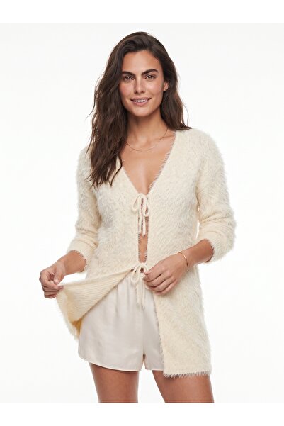 ONLOOX Cream Beard Soft Textured Long Sleeve V-Neck Knitwear Cardigan with Ti...