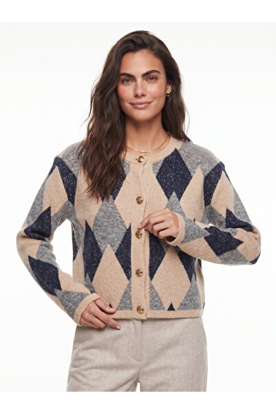 ONLOOX Beige Navy Blue Acrylic Knitwear Crew Neck Argyle Patterned Buttoned S...