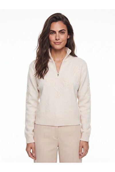ONLOOX Cream Knitwear High Collar Half Zipper Embroidered Long Sleeve Knitwea...