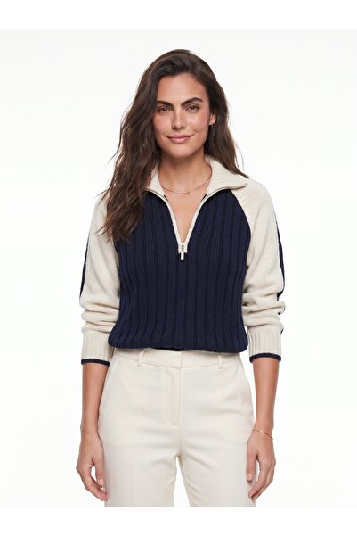ONLOOX Navy Blue Acrylic Textured Raglan Sleeves Standard Fit Half-Zip Ribbed...