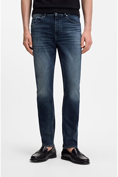 BOSS Erkek Dar Kesim Normal Bel Pamuk Karışımlı Denim Lacivert Jeans