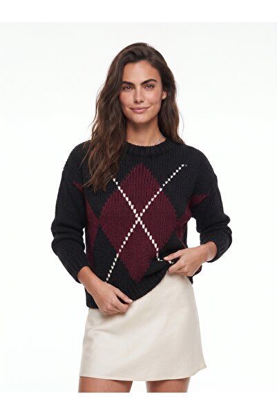 ONLOOX Black Burgundy Acrylic Textured Crew Neck Standard Fit Diamond Knit Sw...