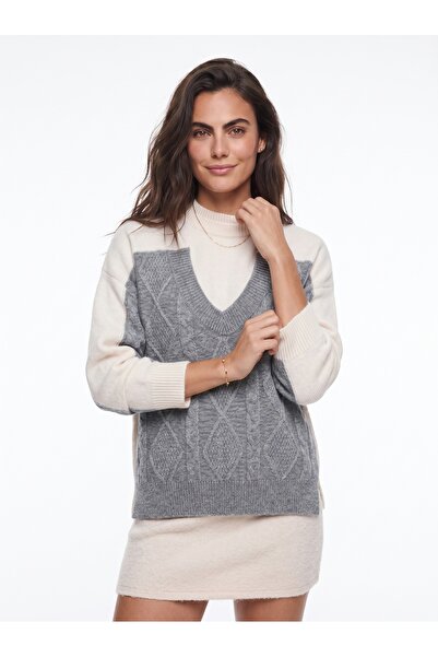 ONLOOX Cream Gray Knitwear Fabric Half Turtleneck Oversize Color Blocked Knit...