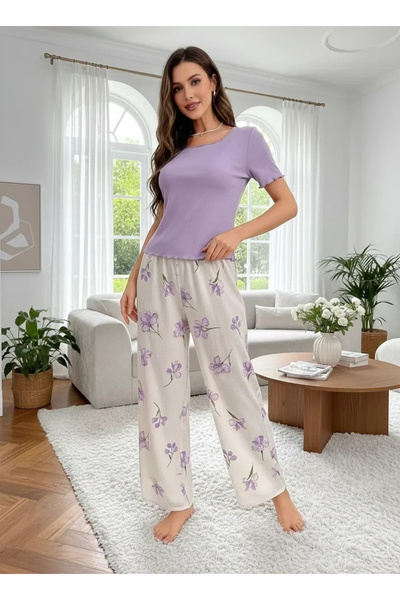 Beruflic Women's Purple Floral Patterned Long Pajama Set Soft Cotton Comforta...