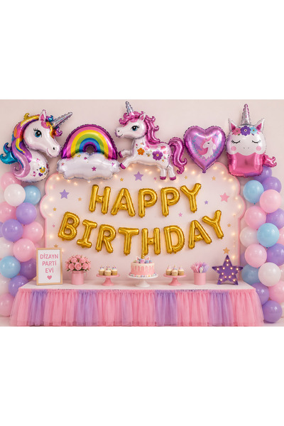 Dizayn Parti Evi Unicorn Folyo Balon Seti ve Happy Birthday Gold Folyo Yazı S...