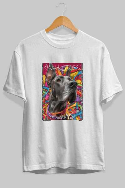 Ankhises For Dog Lovers 28 Front Dog Print White Oversize T-Shirt 100% Cotton...