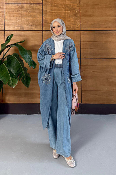 Miss Allos Women's Embroidered Bat Sleeve Jeans Set