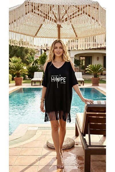 MY SEA E-02 Black Off-The-Shoulder Half Sleeve Tasseled Combed Cotton Dress P...