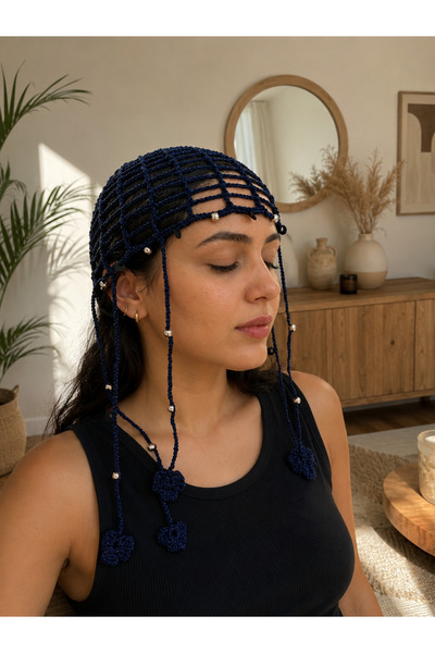 Aygül Home Lacivert simli file model bandana