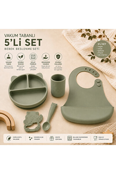 Bebeye Bebek Beslenme Seti Olive Green 5 Parça Silikon Mama Seti – BPA’sız