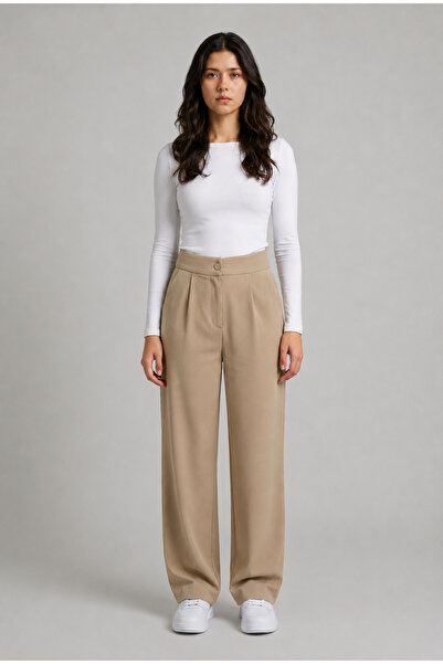 MODASPARK Beige High Waist Pocketed Buttoned Lycra Women's Palazzo Trousers