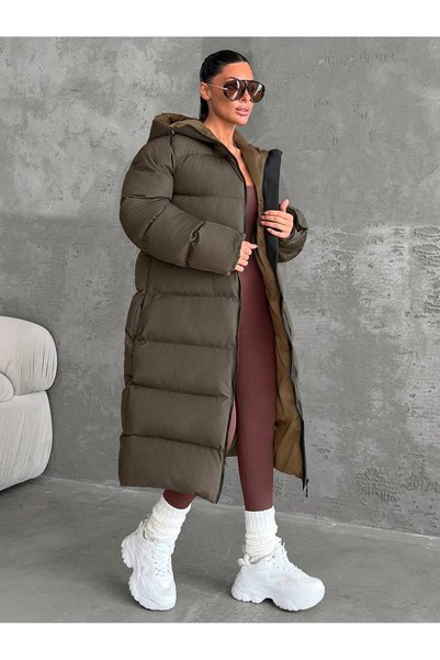 Snatch Khaki Brown Long Inflatable Hooded Women's Puffer Coat