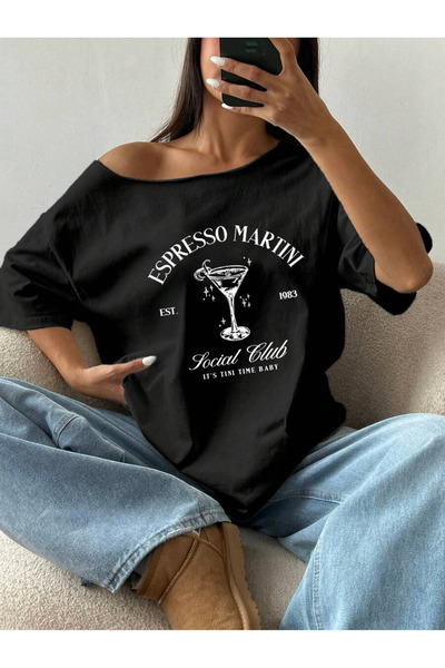 OVER HEAD Tricou de damă, 100% bumbac, cu imprimeu espresso, cu decolteu bărc...
