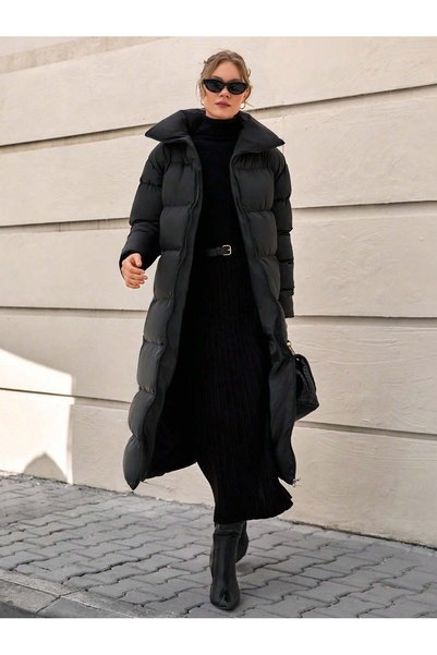 Snatch Black Long Inflatable Women's Coat - Oversized Puffer Coat with Stand Collar and Pockets