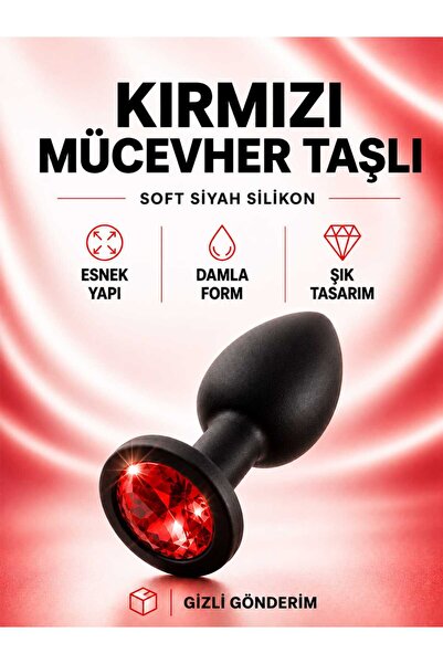 Kırmızı Mücevher Taşlı Soft Siyah Silikon Plug 7 cm