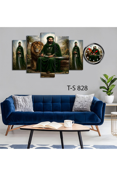 BellaaaModa Hz ALİ temalı Dekoratif Desenli Mdf Tablo 5 Parça Set ve Saatli T...