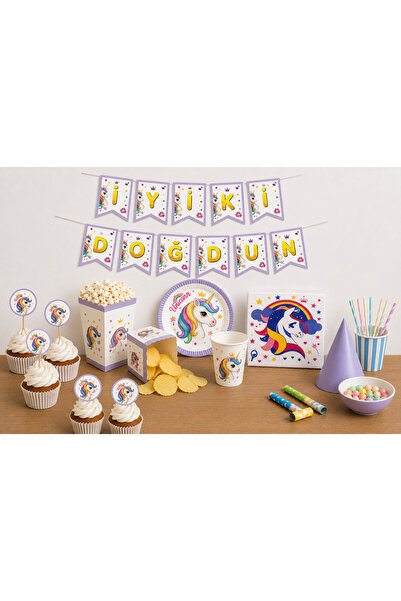 Balonsan Set de aniversare Unicorn pentru 8 persoane (Farfurie-Pahar-Servetel...